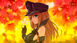 Rule 34 | 1girl, anchor, armor, autumn leaves, bare shoulders, bismarck (kancolle), blonde hair, blue eyes, breastplate, breasts, detached sleeves, gloves, hand up, hat, headgear, holding, holding leaf, kantai collection, large breasts, leaf, long hair, maple leaf, military, military hat, military uniform, ohta yuichi, peaked cap, sideboob, smile, solo, uniform