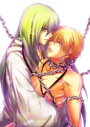 Rule 34 | 2boys, androgynous, bad id, bad pixiv id, blonde hair, chain, closed eyes, earrings, enkidu (fate), enkidu (weapon) (fate), fate/stay night, fate/strange fake, fate (series), gilgamesh (fate), green eyes, green hair, jewelry, long hair, male focus, multiple boys, short hair, simple background, smile, topless male, trap, uka (color noise), white background