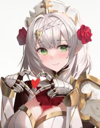 Rule 34 | 1girl, absurdres, armor, blunt bangs, blush, braid, breastplate, breasts, cleavage, closed mouth, flower, genshin impact, gloves, green eyes, hao (mwhy4538), heart, heart hands, highres, looking at viewer, maid, maid headdress, medium breasts, neckerchief, noelle (genshin impact), red flower, red neckerchief, red rose, rose, short hair, shoulder armor, simple background, smile, solo, upper body, white background