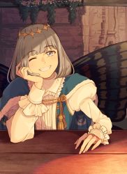 Rule 34 | 1boy, blue cape, blue eyes, butterfly wings, cape, cloak, coffeekite, collared shirt, crown, diamond hairband, fairy, fairy wings, fate/grand order, fate (series), fur-trimmed cloak, fur trim, gold trim, grey hair, grin, hand on table, head on hand, highres, insect wings, long sleeves, medium hair, oberon (fate), one eye closed, puffy sleeves, shirt, smile, table, tassel, white fur, white shirt, wings, wooden table