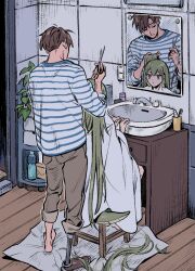 Rule 34 | 2boys, bathroom, bottle, brown eyes, brown hair, brown pants, cabinet, closed eyes, cup, cutting hair, double-parted bangs, dragon boy, dragon tail, faucet, full body, green hair, hana (adey), henry (adey), holding, holding scissors, long hair, mirror, multiple boys, original, pants, plant, potted plant, reflection, scissors, shirt, short hair, sink, sitting, sketch, spiked hair, striped clothes, striped shirt, tail, ten (lu2948d), tile wall, tiles, toothbrush, toothpaste, trap, very long hair, water bottle, wooden floor, wooden stool