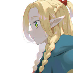 Rule 34 | 1girl, blonde hair, blue robe, dungeon meshi, elf, from side, green eyes, long hair, marcille donato, oto1 030, pointy ears, robe, simple background, solo, white background