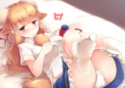 Rule 34 | 10s, 1girl, absurdres, animal ears, bactrian camel (kemono friends), bed sheet, blue skirt, blush, bun cover, camel ears, camel tail, commentary request, double bun, extra ears, flask, frilled skirt, frills, hair bun, hand on own chest, highres, japari symbol, kanzakietc, kemono friends, long hair, looking at viewer, lying, on back, orange hair, panties, red eyes, shirt, skirt, socks, solo, tail, underwear, white panties, white shirt, white socks