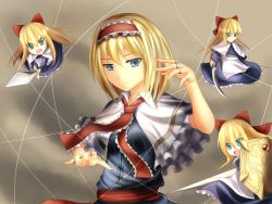 Rule 34 | 1girl, alice margatroid, apron, blonde hair, blue eyes, bow, capelet, dress, eeryuu (2004107), fingernails, flying, gradient background, hair bow, hairband, hand up, highres, jewelry, lance, light frown, lolita hairband, long hair, long sleeves, looking at viewer, open mouth, polearm, puppet rings, puppet strings, ribbon, ring, sash, shanghai, shanghai doll, shield, short hair, short sleeves, sickle, solo, sword, touhou, tsurime, upper body, waist apron, weapon