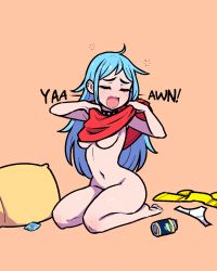 Rule 34 | 1girl, absurdres, akairiot, blue hair, bottomless, breasts, chibi, closed eyes, clothes lift, condom, english text, full body, highres, iru may (akairiot), long hair, medium breasts, navel, open mouth, orange background, original, panties, pillow, red shirt, seiza, shirt, shirt lift, sidelocks, simple background, sitting, solo, squeans, studded choker, thighhighs, underboob, underwear, undressing, unworn legwear, unworn panties, wavy mouth, yawning, yellow thighhighs