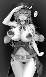 Rule 34 | 1girl, bare shoulders, belt, bikini, blush, breasts, cleavage, collarbone, condom, condom belt, covered erect nipples, disembodied limb, female pubic hair, grabbing, grabbing another&#039;s breast, granblue fantasy, greyscale, grin, hat, hat feather, highres, isawo (lucanus19), large breasts, lecia (granblue fantasy), long hair, looking at viewer, micro bikini, monochrome, mouth hold, navel, peaked cap, pubic hair, pubic hair peek, salute, smile, solo focus, swimsuit, thighs, used condom, vest