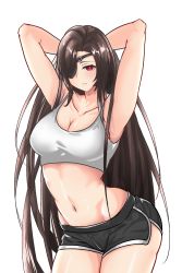 Rule 34 | 1girl, absurdres, armpits, arms behind head, ass, black shorts, breasts, brown hair, closed mouth, collarbone, counter:side, cowboy shot, eyepatch, forehead, hair over one eye, hair over shoulder, highres, korean commentary, lee sooyeon, long hair, medium breasts, navel, red eyes, royalmonkey, shiny skin, shorts, simple background, solo, tank top, thighs, white background