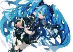 Rule 34 | 1girl, aqua eyes, aqua hair, black legwear, black skirt, black sleeves, detached sleeves, dutch angle, expressionless, feet out of frame, hair between eyes, hair ornament, hatsune miku, highres, kaamin (mariarose753), leg warmers, long hair, looking at viewer, midriff, navel, outstretched arm, pleated skirt, pointing, skirt, solo, standing, tattoo, twintails, very long hair, vocaloid, white background