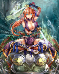 Rule 34 | 1girl, animal, blue eyes, breasts, brown hair, company name, dual wielding, eikou no guardian battle, frog, hair ornament, hair stick, highres, holding, katana, long hair, looking at viewer, madogawa, official art, oversized animal, ponytail, solo focus, sword, weapon