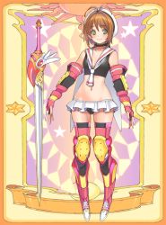 Rule 34 | 1990s (style), 1girl, aged up, armor, armored boots, beret, black neckerchief, black panties, blush, boots, border, breasts, brown hair, cardcaptor sakura, cleavage, clow card, elbow gloves, fingerless gloves, full body, gauntlets, gloves, green eyes, groin, hat, kinomoto sakura, light smile, microskirt, midriff, navel, neckerchief, panties, pantyshot, popqn, retro artstyle, sailor collar, short hair, skirt, sleeveless, small breasts, solo, standing, sword, thigh boots, thighhighs, underwear, weapon, white hat, wide hips