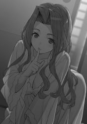 Rule 34 | 1girl, all fours, breasts, collarbone, dress, finger to mouth, greyscale, hair intakes, highres, index finger raised, kiyotaki keika, large breasts, long dress, long hair, long sleeves, looking at viewer, monochrome, nightgown, novel illustration, official art, ryuuou no oshigoto!, see-through silhouette, shirabi, solo, very long hair
