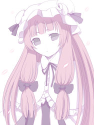 Rule 34 | 1girl, :&lt;, bad id, bad pixiv id, blunt bangs, blush, bow, capelet, crescent, female focus, hair bow, hair ribbon, hat, long hair, looking at viewer, patchouli knowledge, puchiman, purple eyes, purple hair, ribbon, solo, touhou, upper body