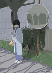 Rule 34 | 1girl, alternate costume, bag, black hair, blue kimono, coat, commentary request, full body, houshou (kancolle), japanese clothes, kantai collection, kimono, long hair, mihama machi, mirror, one-hour drawing challenge, outdoors, overcoat, ponytail, sign, solo, standing