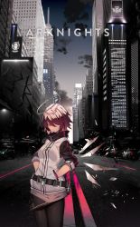 Rule 34 | 1girl, arknights, belt, black belt, black gloves, black pantyhose, black skirt, breasts, car, city, cityscape, commentary request, copyright name, cowboy shot, detached wings, expressionless, exusiai (arknights), gloves, halo, hands in pockets, highres, jacket, looking at viewer, miniskirt, motor vehicle, pantyhose, penguin logistics logo, pouch, raglan sleeves, red hair, revision, road, short hair, short sleeves, skirt, small breasts, solo, soukou makura, standing, white jacket, wings, yellow eyes