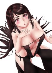 Rule 34 | 1girl, :o, bare shoulders, black dress, black hair, blush, breasts, breasts apart, collarbone, commentary request, yu mei-ren (fate), dress, fate/grand order, fate (series), hand on own breast, highres, large breasts, long hair, looking at viewer, looking up, navel, red eyes, revealing clothes, sakuya (liao kj), solo, very long hair