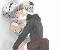 Rule 34 | 1girl, black gloves, black jacket, black thighhighs, breasts, cleavage, cleavage cutout, closed mouth, clothing cutout, couple, cowboy shot, elbow gloves, gloves, grey eyes, grey hair, grey leotard, hand on another&#039;s head, hetero, highres, imminent kiss, jacket, leg lock, leotard, long sleeves, medium breasts, nier:automata, nier (series), parted lips, shirl geem, short hair, thighhighs, white background, 2b (nier:automata), 9s (nier:automata)