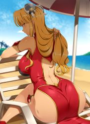 Rule 34 | 1girl, ass, beach, blonde hair, breasts, chair, chinese clothes, galaxy angel, heels, highres, huge ass, large breasts, legs, long hair, looking back, ocean, ranpha franboise, seductive smile, sideboob, sitting, smile, solo, thick thighs, thighs, water