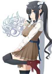 Rule 34 | 1girl, against wall, blue eyes, breasts, cup, disposable cup, dress, drinking, drinking straw, drinking straw in mouth, dungeon ni deai wo motomeru no wa machigatteiru darou ka, hair ribbon, hestia (danmachi), high heels, highres, holding, holding cup, kuragen (ojikurage), large breasts, long hair, looking at viewer, ribbon, solo, standing, standing on one leg, thighhighs, twintails