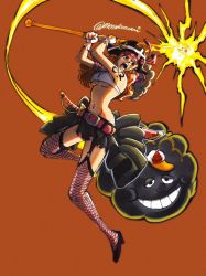 Rule 34 | 1girl, arms up, artist request, belt, black skirt, bracelet, breasts, choker, curvy, electricity, fishnet thighhighs, fishnets, gloves, hat, highres, holding, holding weapon, jewelry, jumping, large breasts, long hair, looking at viewer, looking to the side, midriff, nami (one piece), navel, official alternate costume, one piece, one piece film: red, open mouth, orange background, orange eyes, orange hair, pirate, pirate hat, shoulder tattoo, skirt, staff, sword, tattoo, thighhighs, twintails, underboob, weapon, white gloves, wide hips, zeus (one piece)