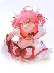 Rule 34 | 1girl, ahoge, animal hood, blush, breasts, capelet, cat hair ornament, cleavage, flower, green eyes, hair between eyes, hair flower, hair ornament, hair ribbon, hololive, hood, hood up, hooded capelet, large breasts, long hair, long sleeves, open mouth, pink flower, pink hair, red ribbon, ribbon, sakura miko, sakura miko (work), solo, two side up, upper body, vienri, virtual youtuber, white capelet, wide sleeves