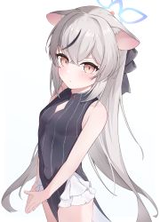 Rule 34 | 1girl, :t, animal ears, bare shoulders, black hair, blue archive, blush, breasts, brown eyes, closed mouth, cowboy shot, dress, grey hair, hair between eyes, halo, highres, kokona (blue archive), long hair, looking at viewer, multicolored hair, nonddu, pout, simple background, sleeveless, small breasts, solo, streaked hair, striped, vertical stripes, very long hair, white background