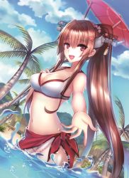 Rule 34 | 10s, 1girl, :d, bad id, bad pixiv id, beach, bikini, breasts, brown hair, cherry blossoms, cleavage, cloud, day, dutch angle, flower, hair between eyes, hair flower, hair intakes, hair ornament, headgear, highres, hill, holding, holding umbrella, kantai collection, large breasts, long hair, looking at viewer, meaomao, navel, ocean, oil-paper umbrella, open mouth, outdoors, outstretched hand, palm tree, partially submerged, ponytail, purple eyes, sarong, sidelocks, sky, smile, solo, sparkle, swimsuit, tree, umbrella, very long hair, wading, water drop, white bikini, yamato (kancolle)