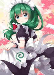 Rule 34 | 1girl, alternate costume, apron, back, back bow, black dress, blue eyes, blush, bow, closed mouth, dress, enmaided, frills, from behind, gradient background, green background, green hair, hair bow, hands up, highres, kagiyama hina, long hair, looking away, looking back, maid, maid headdress, multicolored background, one-hour drawing challenge, orange background, petals, pink background, puffy short sleeves, puffy sleeves, red bow, ruu (tksymkw), short sleeves, smile, solo, standing, touhou, white apron, white bow, wrist cuffs, yellow background