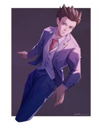 Rule 34 | 1boy, absurdres, ace attorney, black hair, formal, hand up, highres, long sleeves, male focus, necktie, phoenix wright, shading, short hair, solo, spiked hair, suit, vest, wt2575