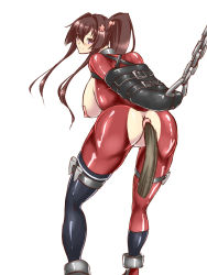 Rule 34 | 10s, 1girl, anal, anal tail, armbinder, arms behind back, ass, asymmetrical legwear, bdsm, blush, bodysuit, bondage, bound, bound arms, breastless clothes, breasts, brown hair, butt plug, crotchless, fake tail, female focus, from behind, hair ornament, kantai collection, large breasts, long hair, looking at viewer, looking back, maron (kagamikunn), mismatched legwear, pasties, pony play, ponytail, purple eyes, restrained, sex toy, simple background, skin tight, slave, solo, tail, yamato (kancolle)