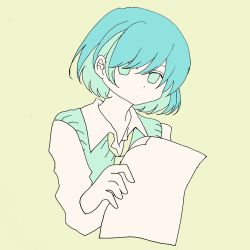 Rule 34 | 1girl, aqua hair, awaya yawako, blue hair, commentary request, dot mouth, dot nose, green background, highres, holding, holding paper, long sleeves, looking at viewer, multicolored hair, muted color, original, paper, simple background, solo, swept bangs, two-tone hair, upper body, wing collar