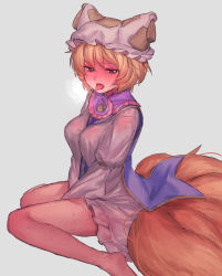 Rule 34 | 1girl, animal hat, bare legs, barefoot, between breasts, blonde hair, blush, breasts, commentary request, fox tail, grey background, hat, heavy breathing, highres, looking at viewer, masanaga (tsukasa), medium breasts, mob cap, ofuda, short hair, simple background, sitting, sketch, solo, sweat, tabard, tail, tassel, tongue, tongue out, touhou, wariza, white background, white hat, yakumo ran