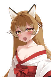 Rule 34 | 1girl, animal ears, bare shoulders, blush, breasts, brown eyes, brown hair, commentary, fangs, fox ears, fox girl, hair between eyes, hakama, highres, japanese clothes, kimono, long hair, looking at viewer, multicolored hair, open mouth, original, red hakama, saburou 03, simple background, small breasts, solo, symbol-only commentary, white background, white hair, white kimono