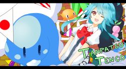 Rule 34 | 1girl, altaria, bad id, bad pixiv id, blue hair, blurry, bunting, creatures (company), crossover, depth of field, female focus, food, fruit, game freak, gen 3 pokemon, hat, highres, hinanawi tenshi, letterboxed, nintendo, one eye closed, peach, pennant, pokemon, pokemon (creature), red eyes, short hair, smile, solo, touhou, tsumayouji (tumayog), wink