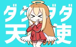 Rule 34 | &gt; &lt;, 1girl, :&gt;, angel wings, text background, blonde hair, blush, closed eyes, closed mouth, facing viewer, gabriel dropout, gabriel tenma white, hair between eyes, halo, hana kazari, highres, jacket, long hair, long sleeves, low wings, red jacket, solo, track jacket, trait connection, translation request, v-shaped eyebrows, very long hair, white wings, wings, x arms