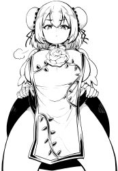 Rule 34 | 1girl, absurdres, breasts, bun cover, closed mouth, cowboy shot, double bun, flower, glaring, hair bun, high contrast, highres, himajin noizu, ibaraki kasen, large breasts, lifted by self, looking at viewer, monochrome, rose, short hair, simple background, solo, standing, tabard, touhou