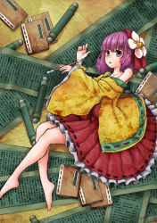Rule 34 | 1girl, absurdres, bare legs, barefoot, book, calligraphy brush, collarbone, flower, fuente, hair flower, hair ornament, hieda no akyuu, highres, japanese clothes, kimono, light purple hair, looking at viewer, lying, off shoulder, on side, open mouth, paintbrush, purple eyes, scroll, short hair, solo, touhou