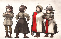 Rule 34 | 2girls, armor, belt, boots, braid, brown hair, full body, gambeson, gloves, highres, ironlily, kettle helm, long hair, medieval, multiple girls, ordo mediare sisters (ironlily), original, standing, tabard, twin braids sister (ironlily)