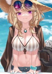 Rule 34 | 1boy, 1girl, animal ear fluff, animal ears, arknights, bikini, blue nails, breasts, brown hair, cleavage, doctor (arknights), eyewear on head, fang, highres, jewelry, large breasts, nail polish, necklace, official alternate costume, purple eyes, round eyewear, sagace, short hair, smile, striped bikini, striped clothes, sunglasses, swimsuit, swimsuit cover-up, utage (arknights), utage (summer flowers) (arknights), vertical-striped bikini, vertical-striped clothes