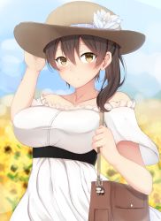 Rule 34 | 1boy, 1girl, 2girls, adjusting clothes, adjusting headwear, admiral (kancolle), akagi (kancolle), alternate costume, bag, bare shoulders, blue sky, blurry, blurry background, blush, breasts, brown eyes, brown hair, brown headwear, character doll, chiyo (pk19981234), closed mouth, collarbone, commentary request, day, dress, eyes visible through hair, flower, hair between eyes, hair ornament, hand up, hat, hat flower, kaga (kancolle), kantai collection, charm (object), large breasts, long hair, looking at viewer, multiple girls, neck, off-shoulder dress, off shoulder, outdoors, short hair, short sleeves, shy, side ponytail, sky, standing, straw hat, sunflower, upper body, white dress, white flower, yellow flower