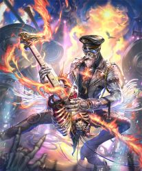 Rule 34 | \n/, artist request, beard, bird, chain, cigar, concert, electric guitar, facial hair, fire, guitar, hat, he who once rocked, instrument, jacket, leather, leather jacket, leather pants, male focus, music, official art, pants, peaked cap, playing instrument, ribs, shadowverse, skeleton, speaker, spotlight, sunglasses