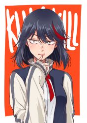 Rule 34 | 1girl, black hair, breasts, brown eyes, commentary request, copyright name, hair between eyes, highres, jacket, kani aruki (bucket crawl), kill la kill, long sleeves, matoi ryuuko, open clothes, open jacket, red hair, ribbon, shirt, short hair, sleeves past wrists, solo, thumb to mouth, upper body, white shirt