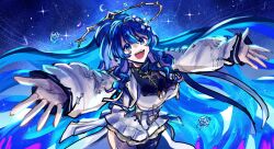Rule 34 | 1girl, :d, absurdres, blue eyes, blue hair, breasts, crescent, crescent moon, dress, halo, hands up, highres, indie virtual youtuber, large breasts, long hair, looking at viewer, minster (dooke), moon, nana asteria, open mouth, prism project, sky, sleeves past wrists, smile, solo, star (sky), star (symbol), starry background, starry sky, tagme, virtual youtuber