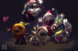 Rule 34 | :d, absurdres, arms up, artist name, bug, butterfly, chibi, creature, crown, fiddlesticks, glowing, glowing eye, hat, highres, insect, league of legends, looking at viewer, open mouth, party hat, pumpkin, pumpkinhead fiddlesticks, red eyes, sharp teeth, smile, star nemesis fiddlesticks, surprise party fiddlesticks, teeth, timo (timotimo628), tongue, tongue out, union jack fiddlesticks