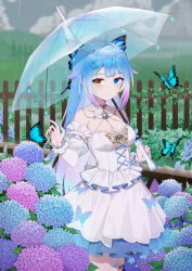 Rule 34 | 1girl, absurdres, ameki (virtuareal), animal, atsuishio, bare shoulders, blue eyes, blue flower, blue hair, breasts, brown eyes, bug, butterfly, butterfly hair ornament, cleavage, closed mouth, cloud, cloudy sky, commentary request, day, detached sleeves, dress, flower, gradient hair, hair ornament, hairclip, highres, holding, holding umbrella, hydrangea, insect, layered sleeves, long sleeves, looking at viewer, medium breasts, multicolored hair, nijisanji, outdoors, pink flower, puffy short sleeves, puffy sleeves, purple flower, purple hair, rain, see-through, see-through sleeves, short over long sleeves, short sleeves, sky, smile, solo, transparent, transparent umbrella, umbrella, virtual youtuber, virtuareal, white dress, white sleeves