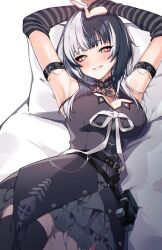 Rule 34 | 1girl, absurdres, arm strap, armpits, arms up, bed sheet, belt, black belt, black dress, black hair, black thighhighs, blush, breasts, chain, choker, dress, elbow gloves, fingerless gloves, gloves, grin, highres, hololive, hololive english, holster, large breasts, long hair, lying, multicolored hair, on back, pillow, seion, shiori novella, shiori novella (1st costume), smile, solo, split-color hair, striped clothes, striped gloves, teeth, thighhighs, two-tone hair, virtual youtuber, white hair, yellow eyes
