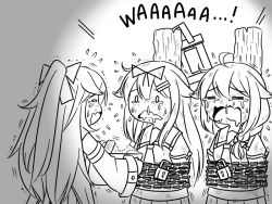 Rule 34 | 3girls, ahoge, bound, chain, chained, closed eyes, commentary, crying, eating, flying sweatdrops, food, greyscale, guin guin, hair flaps, hair ornament, hairclip, kantai collection, lock, long hair, monochrome, multiple girls, neckerchief, open mouth, remodel (kantai collection), runny nose, sailor collar, saliva, school uniform, serafuku, shigure (kancolle), snot, tied up (nonsexual), yamakaze (kancolle), yuudachi (kancolle)