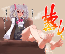 Rule 34 | 1girl, absurdres, barefoot, blush, couch, daba (wandaba), feet, grey hair, highres, idolmaster, idolmaster cinderella girls, kanzaki ranko, long hair, open mouth, pink eyes, sitting, soles, steam, sweat, toes, translated, twintails