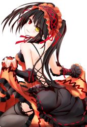 Rule 34 | 10s, 1girl, ass, bare back, bare shoulders, black hair, black thighhighs, blush, clock, clock eyes, cross-laced clothes, date a live, dress, from behind, hairband, heterochromia, lolita fashion, lolita hairband, long hair, looking at viewer, looking back, red-eyes macadamiachoco, red eyes, ribbon, simple background, smile, solo, symbol-shaped pupils, thighhighs, tokisaki kurumi, twintails, white background, yellow eyes