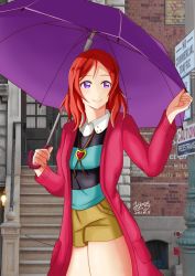 Rule 34 | 1girl, artist name, artist request, bare legs, blush, breasts, brown pants, brown shorts, clenched hand, collarbone, collared shirt, door, female focus, hair between eyes, heart, heart necklace, holding, holding umbrella, jacket, jewelry, looking at viewer, love live!, love live! school idol festival, love live! school idol project, necklace, nishikino maki, pants, parted lips, pink jacket, purple eyes, purple umbrella, red hair, red jacket, shirt, short hair, shorts, small breasts, smile, solo, stairs, striped clothes, striped shirt, umbrella