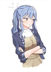 Rule 34 | 1girl, anger vein, blue hair, blue jacket, brown dress, crossed arms, dimos (dawn 1945), dress, gotland (kancolle), jacket, kantai collection, long hair, looking to the side, mole, mole under eye, official alternate costume, ponytail, pout, sidelocks, simple background, solo, spoken anger vein, white background